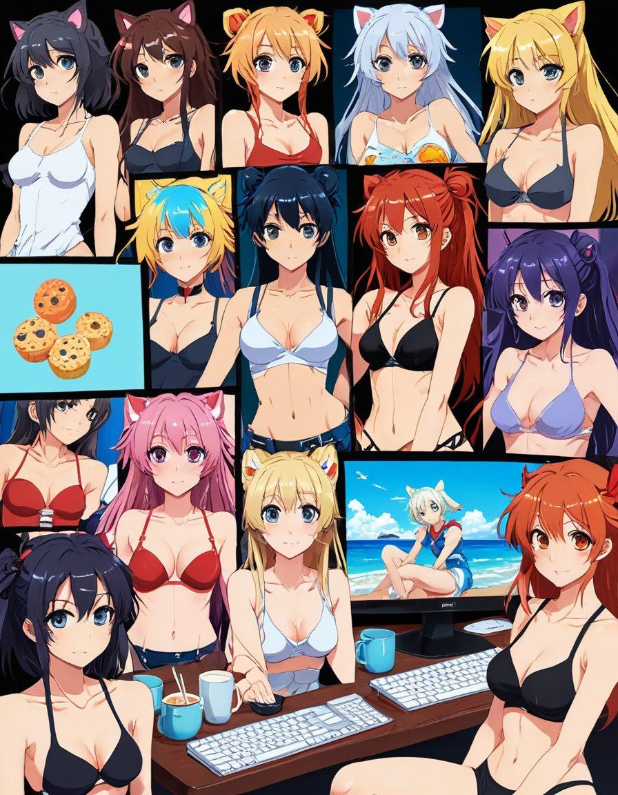 An inviting, colorful collage of various anime characters from popular NSFW Hentai series, strategically placed in playful and alluring poses. The background should subtly feature elements of a cozy streaming setup, like a computer, snacks, and soft lighting, creating a warm atmosphere. Emphasize diversity and creativity in character design with vibrant colors and dynamic expressions. The overall aesthetic should be fun and engaging, inviting viewers to explore the content further. vibrant colors. digital art. dynamic composition.